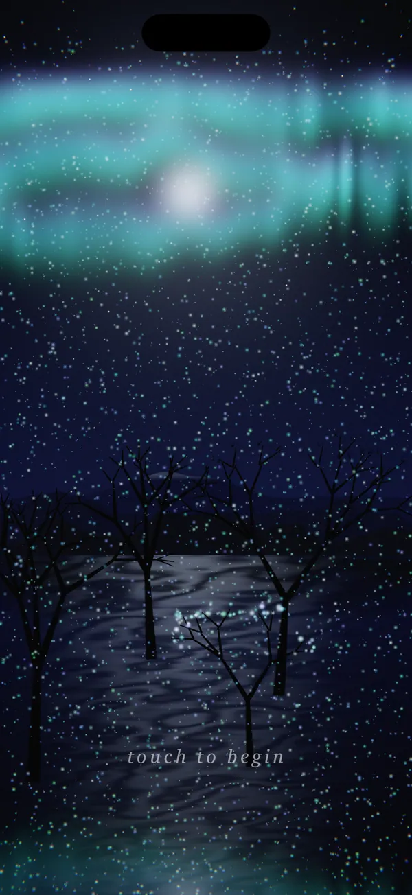 A teal aurora curtain and a bright moon over a starlit sky, above bare trees standing in moonlit water.