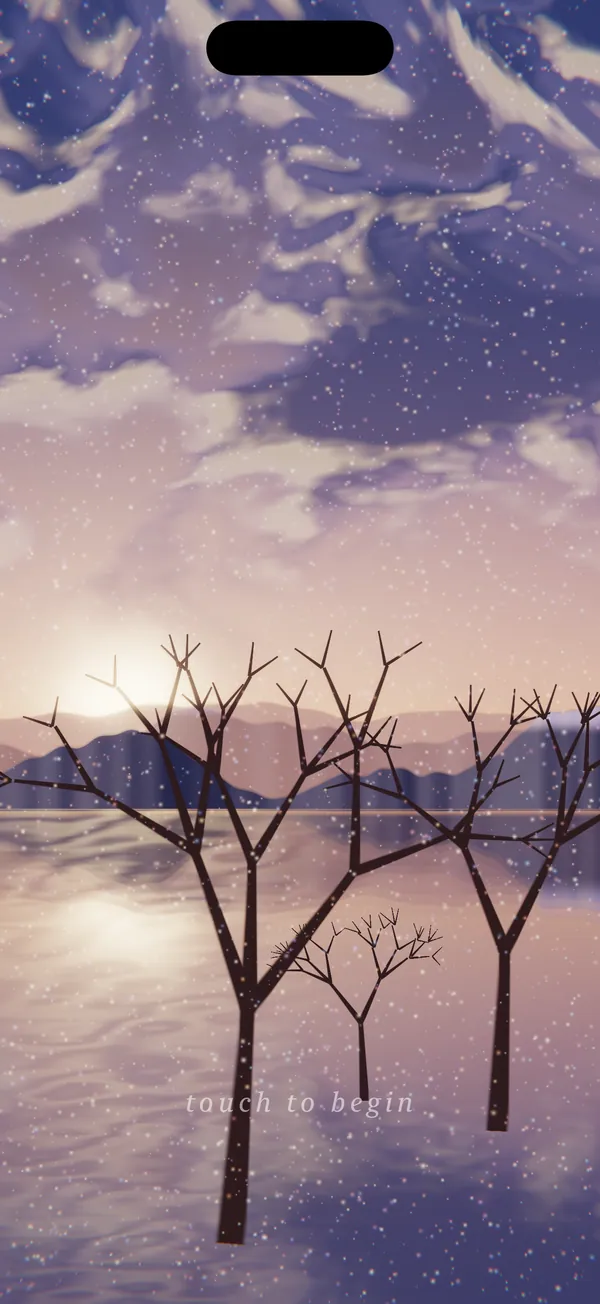 A low golden sun behind hazy mountains, lavender clouds overhead, and bare trees mirrored in calm dawn water.