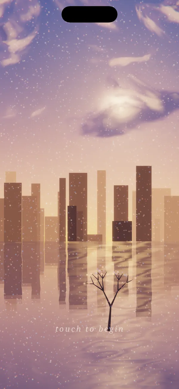 A golden-hour city skyline dissolving into its own reflection, under soft violet clouds and drifting sparks.