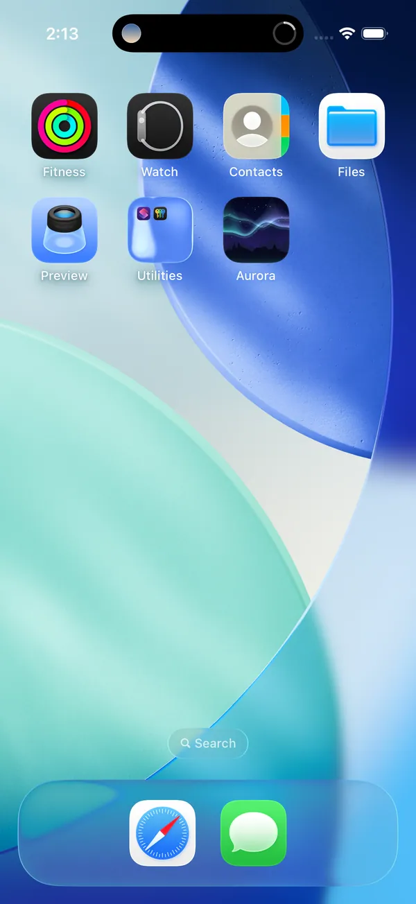 An iPhone Home Screen with Aurora's focus session held in the Dynamic Island — a tiny sun on one side, a progress ring on the other.
