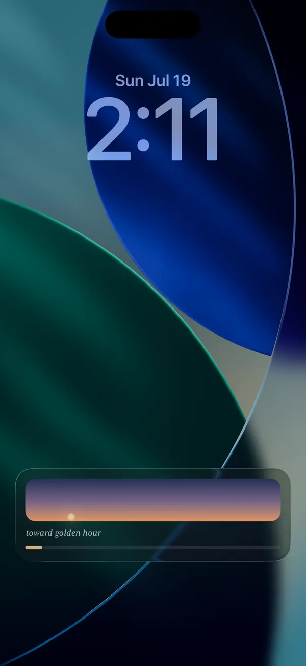 An iPhone Lock Screen with an Aurora Live Activity: a sunset-gradient panel reading 'toward golden hour' above a soft progress bar.