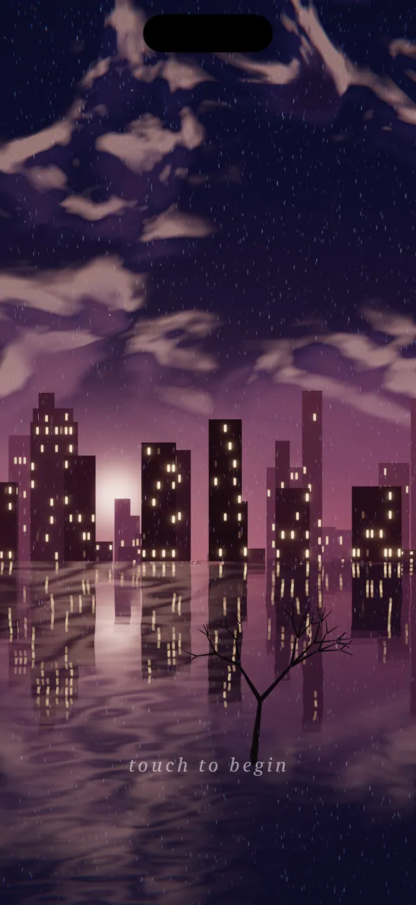 A violet night city in the rain, its lit windows shimmering across dark rippling water.