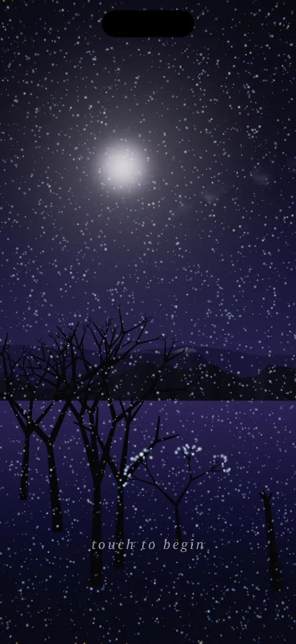 Snow falling through moonlight over a dark forest, every flake catching the glow like a star.